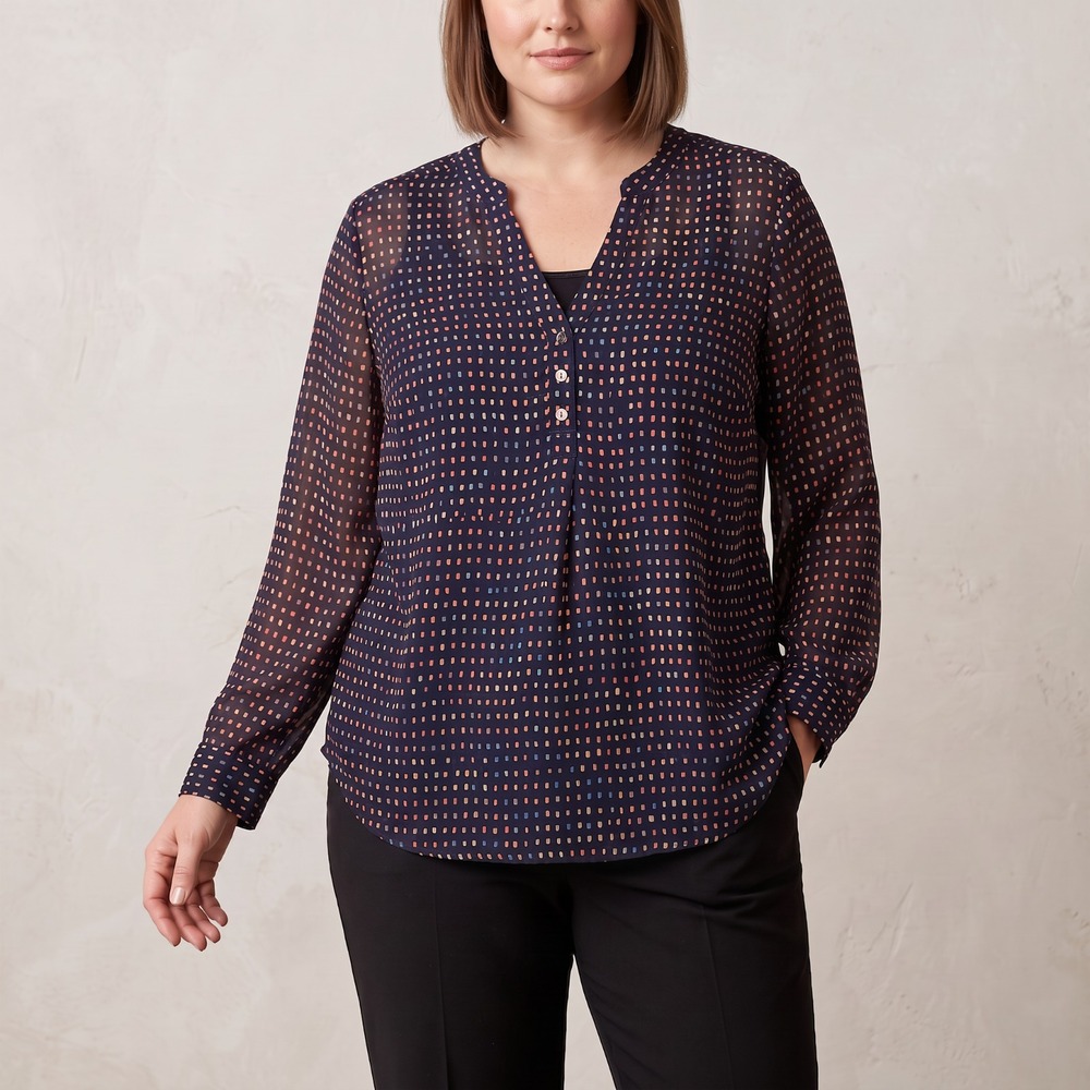 Liz Claiborne Confetti Dash Navy V Neck Cyber Office  Art Academia Top Blouse 1X